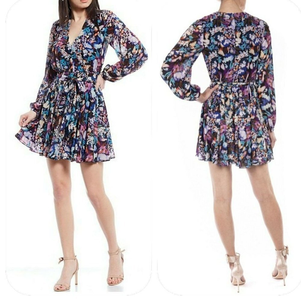 Belle Badgley Mischka Size 2 Dress Purple Alison V-Neck Floral Mini Fit & Flare